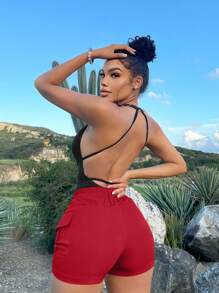 SHEIN SXY Solid Color Casual Cargo Shorts - Red - View 2