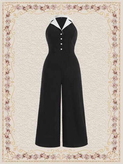 Vintamour Vintage Elegant Plus Size Women's Color Block Splice Turn Down Collar Sleeveless Jumpsuit Summer Spring Old Money Aesthetic