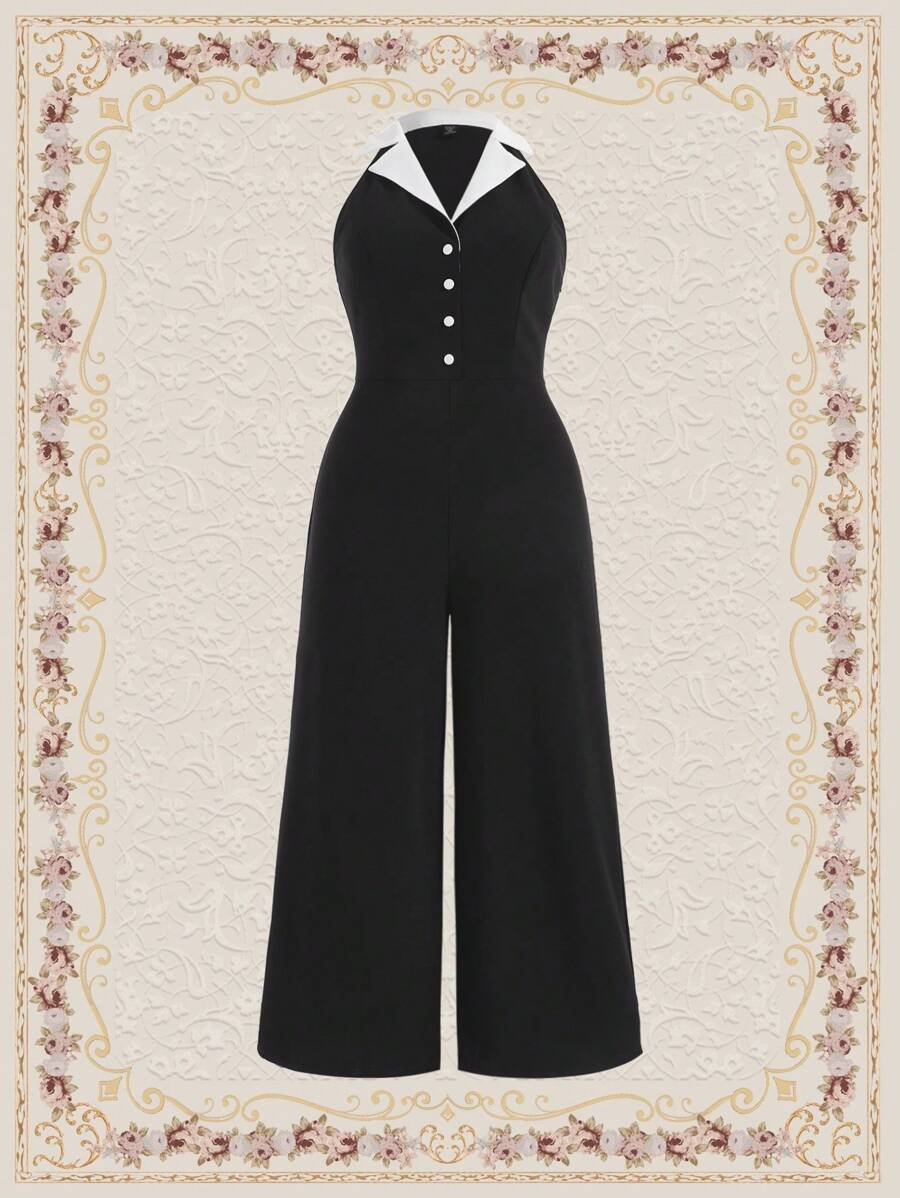 Vintamour Vintage Elegant Plus Size Women's Color Block Splice Turn Down Collar Sleeveless Jumpsuit Summer Spring Old Money Aesthetic - Black and White - View 1