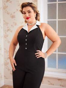 Vintamour Vintage Elegant Plus Size Women's Color Block Splice Turn Down Collar Sleeveless Jumpsuit Summer Spring Old Money Aesthetic - Black and White - View 5