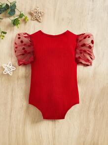 SHEIN Baby Girl Polka Dot Mesh Puff Sleeve Rib-Knit Bodysuit