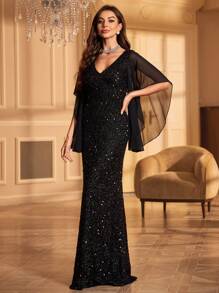 UNITHORSE 女士雪纺长袖亮片连衣裙派对礼服婚礼宾客礼服正式礼服晚礼服、新娘礼服、生日服装、毕业礼服、长袍 - 黑色 - 查看 3