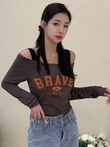 DAZY Áo thun dài tay ôm vừa vặn in chữ cho nữ, áo thun họa tiết hở vai - Cà phê nâu - Xem 1