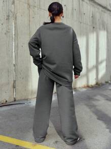 SHEIN Cottnline Ladies' Solid Color Drop Shoulder Sweatshirt And Sweatpants Set - Dark Grey - View 2
