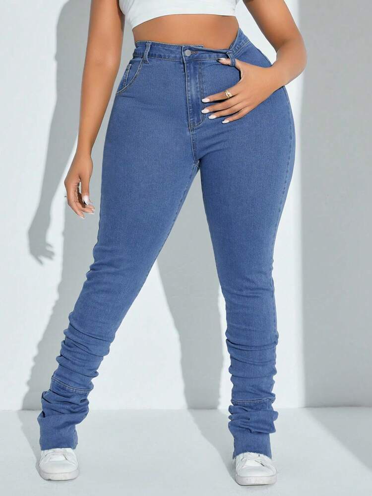 Plus Size Women'S Denim Pile Up Pants, Elastic Skinny Jeans With Ultra Long Length