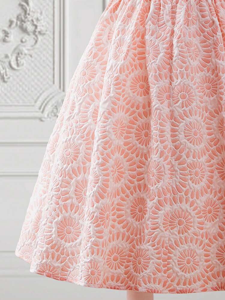 Tween Girls' Jacquard Backless Dress With Hollow Out Bowknot And Off-Shoulder Design
