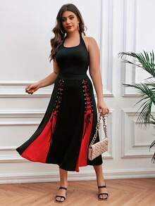 Fashionable Vintage Style Red & Black Color Block Pleated Skirt With Straps - Black - View 3