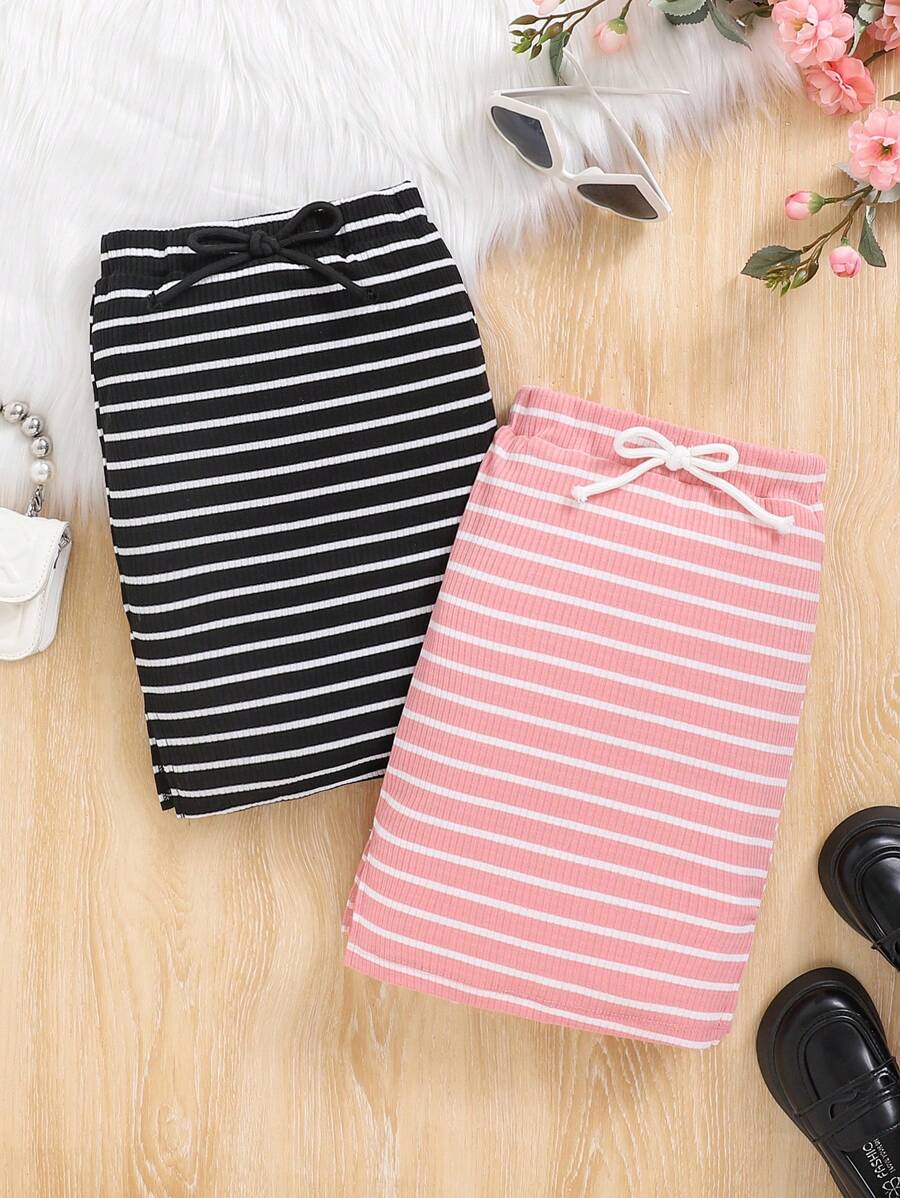 2pcs/Pack Young Girls' Striped Skirt Two Pieces Set, School, Campus, College - Pink - View 1