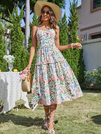 SHEIN VCAY Women'S Floral & Butterfly Printed Holiday Spaghetti Strap Spring Long Halter Dress