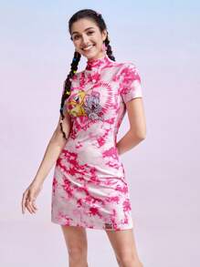 TOM & JERRY X SHEIN 縮染卡通印花立領連衣裙