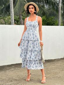 SHEIN VCAY Của phụ nữ Ngẫu nhiên In Không tay Dây đeo Mì Ý  Đầm - Xanh và trắng - Xem 1