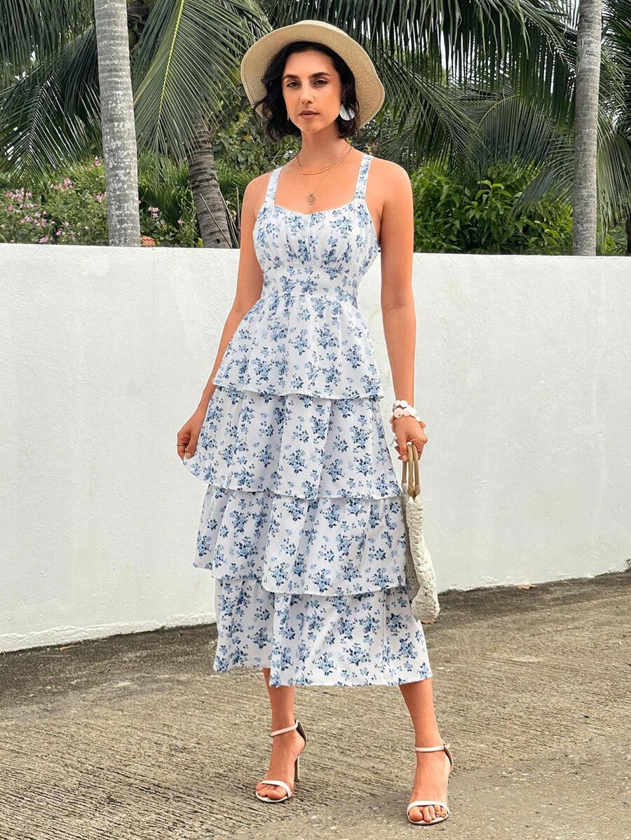 SHEIN VCAY Của phụ nữ Ngẫu nhiên In Không tay Dây đeo Mì Ý  Đầm - Xanh và trắng - Xem 1