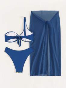 SHEIN Swim Conjunto de bikini tropical de 3 piezas con estampado y parche para mujer, para la playa de verano