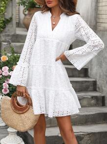 SHEIN VCAY Solid Color Hollow Out Embroidery Detail Notched-Neck Flared Sleeve Dress - White - View 1