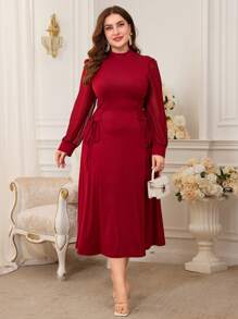 Modelyn 勃艮第红色女士加大码纯色优雅侧交叉系腰连衣裙