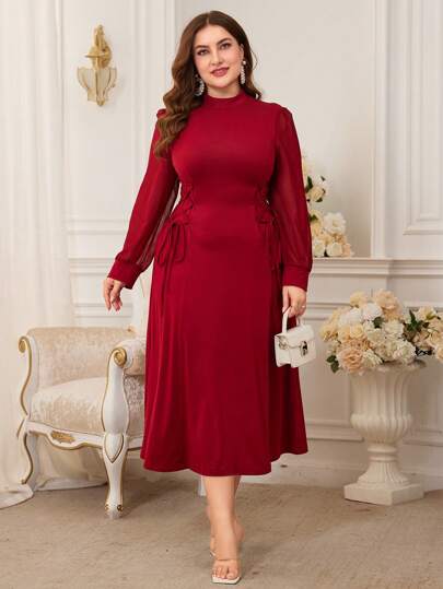 Modelyn 勃艮第红色女士加大码纯色优雅侧交叉系腰连衣裙