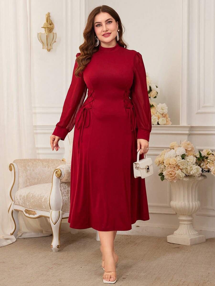 Modelyn 勃艮第红色女士加大码纯色优雅侧交叉系腰连衣裙