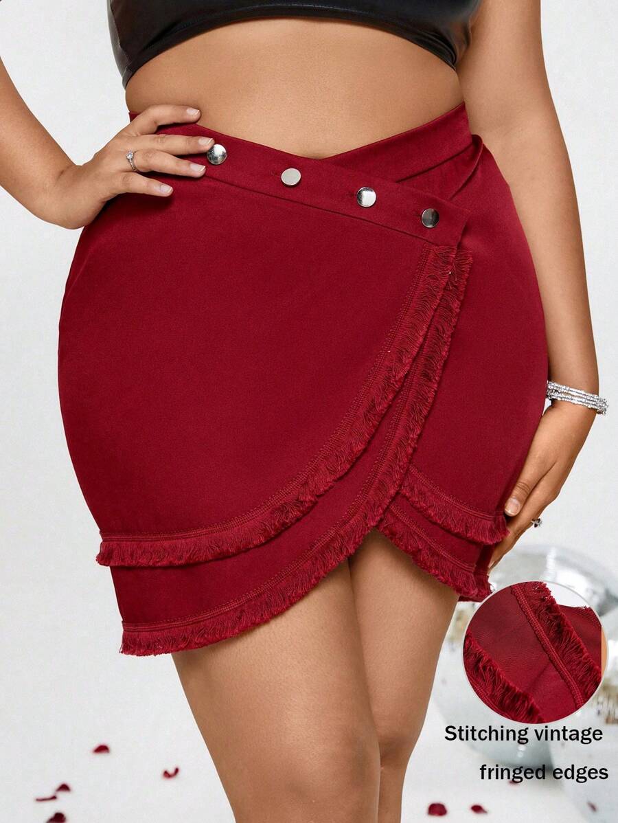 SHEIN Unity Plus Size Women's Asymmetrical Hem Tassel Patchwork Skirt - Brown - View 1