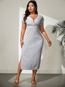 Celure Plus Size Striped Twist Front Side Split Dress - Multicolor - View 4