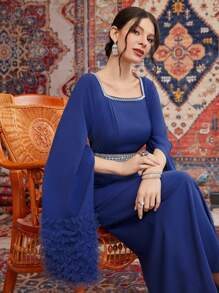 Modelyn Women'S Arabian Style Dress With Cape Sleeves, Belted Waist And Woven Stripe Detail Long Evening Dresses - Blue - View 4