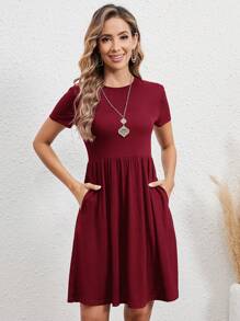 EMERY ROSE Women's Summer Red Elastic Waist Short Sleeves Dress - Burgundy - View 5