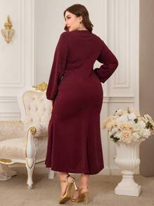 Modelyn Burgundy Red Plus Size Lantern Sleeve High Slit Dress Long Evening Dresses - Burgundy - View 6