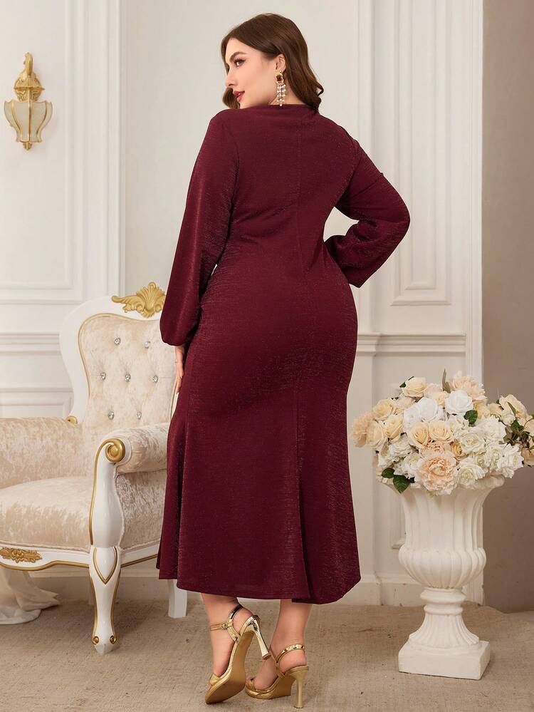 Burgundy Red Plus Size Lantern Sleeve High Slit Dress Long Evening Dresses