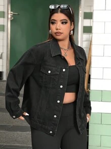 SHEIN ICON Plus Size Loose Fit Solid Denim Jacket