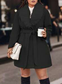 SHEIN Unity 加大码纯色长袖毛领休闲羊毛大衣，冬季 - 黑色 - 查看 6