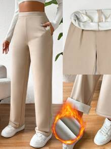 SHEIN Essnce Women's Warm Lined, Diagonal Pocket Pants - Khaki - View 1