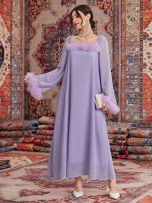Al Najma 女士拼接長袖阿拉伯傳統長袍 - 淡紫色 - 查看 1