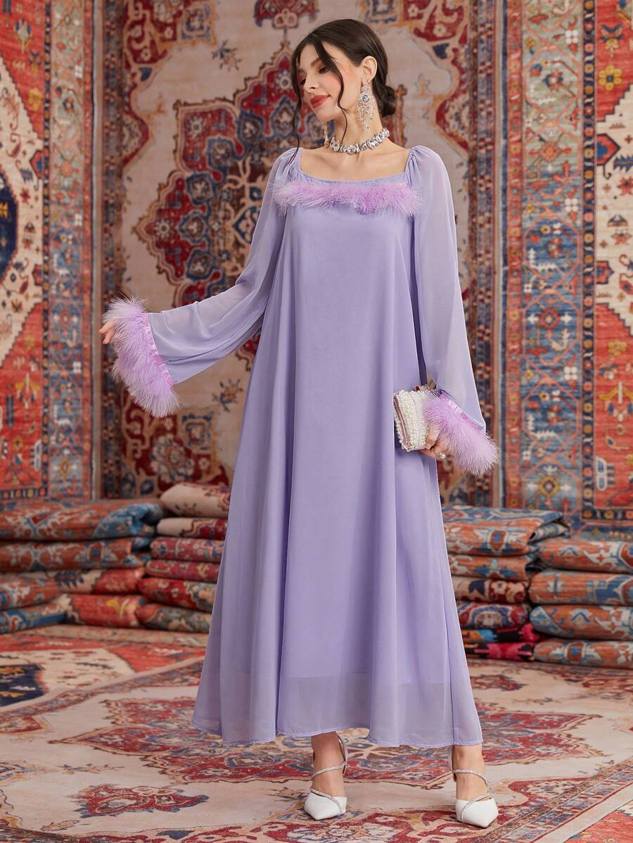Al Najma 女士拼接長袖阿拉伯傳統長袍 - 淡紫色 - 查看 1