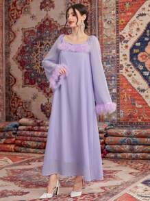Al Najma 女士拼接長袖阿拉伯傳統長袍 - 淡紫色 - 查看 3