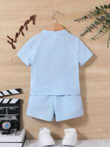 SHEIN Baby Junge Freizeit Kurzarm Polo Shirt Mit Buchstaben Druck Und Shorts Set - Graublau - Übersicht 2