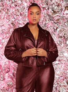 SHEIN SXY Talla Grande Chaqueta Corta Con Cuello - Burdeos - Ver 3