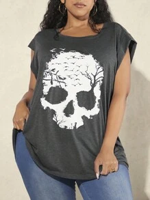 SHEIN CURVE+ Plus Size Women's Skull Print Summer T-Shirt