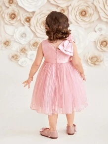 SHEIN DRMZ Baby Girl Baby Girl Elegant Mesh & Bowknot Patchwork Sleeveless Dress