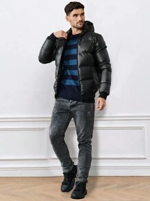 EURMUSE Men Zip Up Drawstring Hooded Puffer Coat - Black - View 6