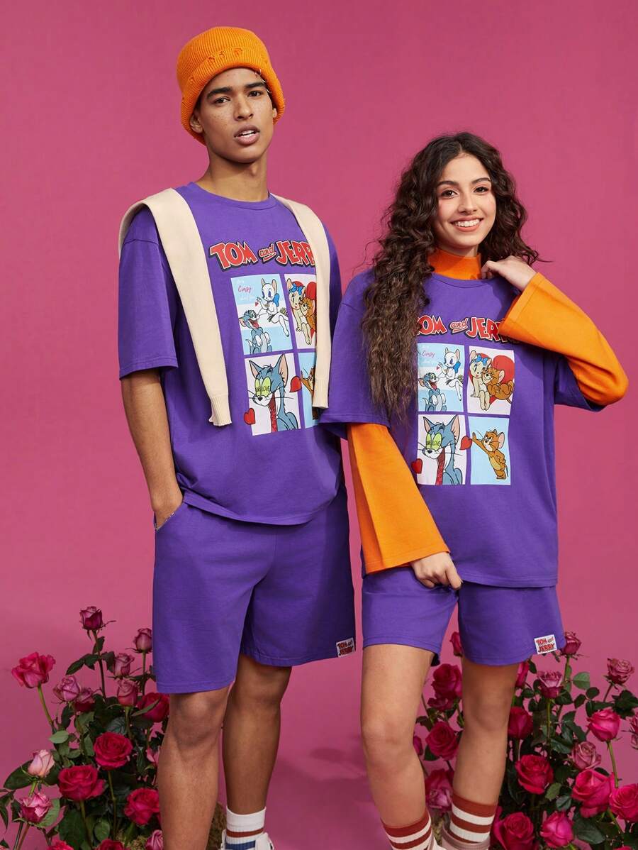 TOM & JERRY X SHEIN 中性款2入組卡通字母印花短袖t恤和短褲 - 紫色 - 查看 1