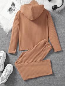 SHEIN Tween Girls' Knitted Solid Color Hooded Loose Casual Top And Bottom Set - Apricot - View 2