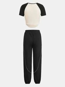 少女肖像印花衛衣和拼接口袋褲 2入組 - 黑色 - 查看 2