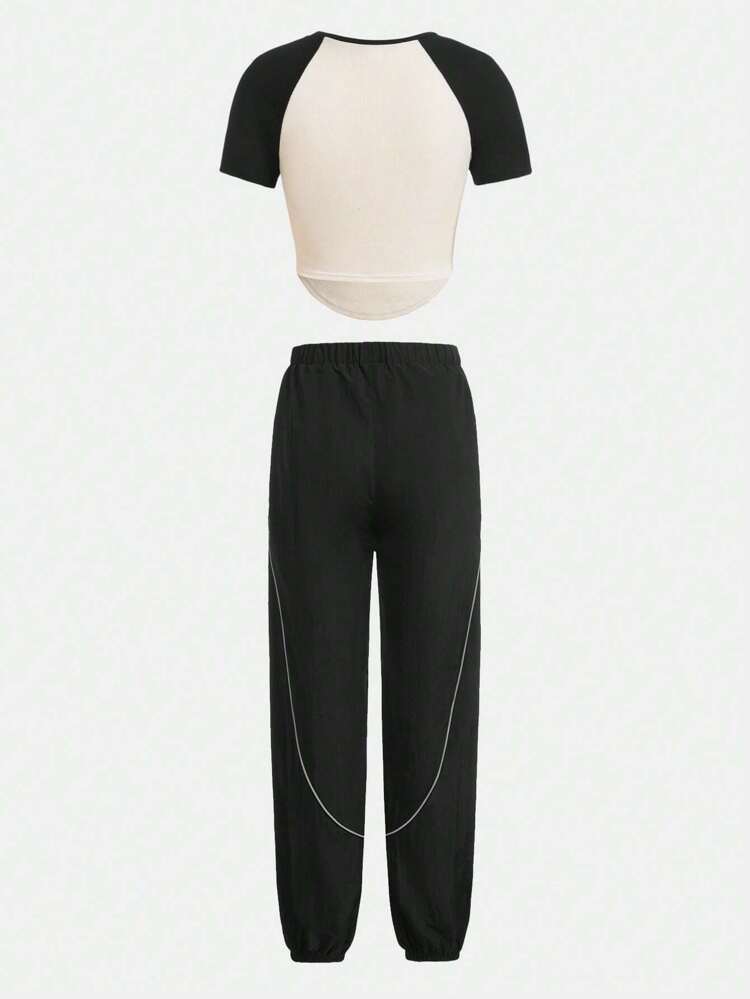 Teen Girls' Portrait Pattern Colorblock T-Shirt & Patch Slant Pocket Pants 2pcs/Set