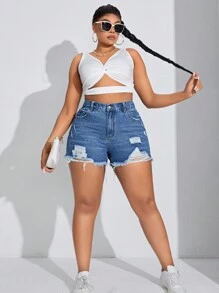 SHEIN SXY Women's Plus Size Vintage Ripped Hole Denim Shorts