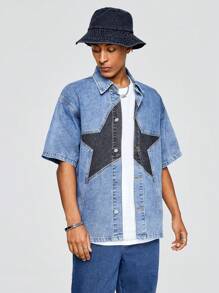 ROMWE MEN Street Life 星星圖案男士牛仔襯衫 - 藍色 - 查看 4