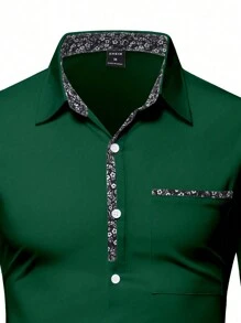 Manfinity Mode 男士拼布花卉长袖正装衬衫，适合秋季 - 綠色 - 查看 5