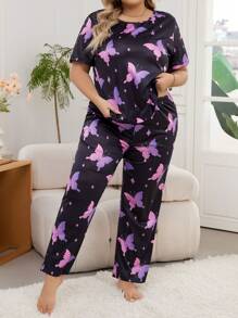 Set Pigiama Donna Taglie Forti Stampa Farfalle A Maniche Corte E Pantaloni - Multicolore - Visualizzare 5