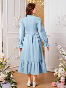 SHEIN Vestido Largo Casual Para Adolescente Con Ribete De Volantes Tejidos - Celeste - Ver 2