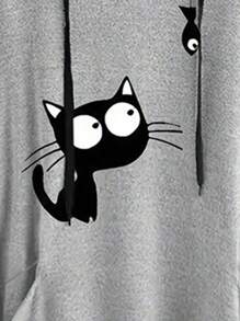 INAWLY Plus Cat Print Dual Pocket Drawstring Hooded Tee Graphic Tees Women Tops Fall Cloth For Women - Light Grey - View 3
