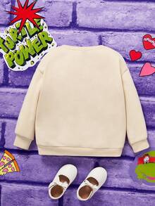 TEENAGE MUTANT NINJA TURTLES | SHEIN 小女孩卡通印花標語圓領運動衫 - 卡其色 - 查看 2