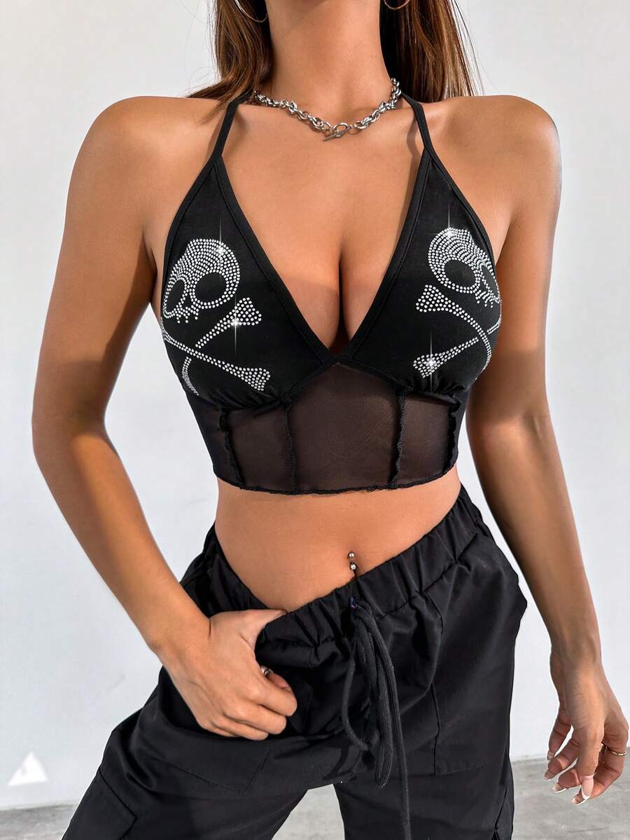 SHEIN Unity 鑽石骷髏紋性感領口上衣 - 黑色 - 查看 1
